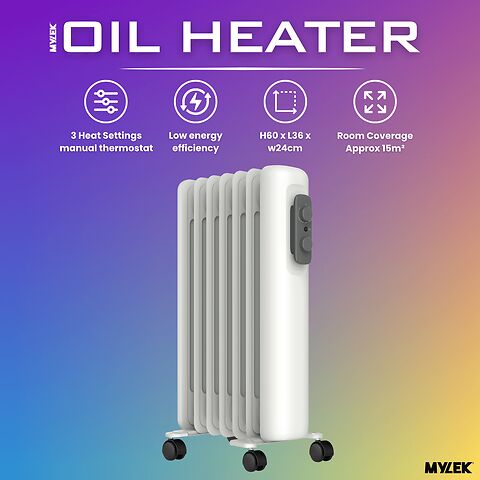 Mylek Oil Filled Radiator Electric Heater Portable With Adjustable Thermostat - White