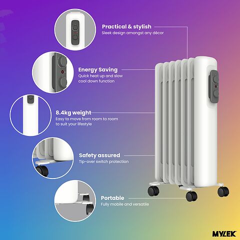 Mylek Oil Filled Radiator Electric Heater Portable With Adjustable Thermostat - White