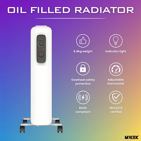 Mylek Oil Filled Radiator Electric Heater Portable With Adjustable Thermostat - White