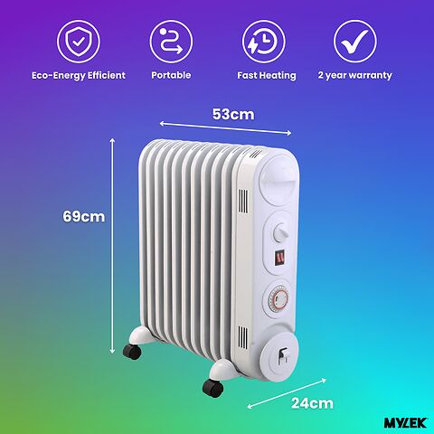 Mylek Oil Filled Radiator Electric Heater, Portable, Thermostat and 24hr Timer by Mylek 2000w