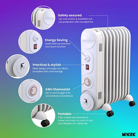 Mylek Oil Filled Radiator Electric Heater, Portable, Thermostat and 24hr Timer by Mylek 2000w