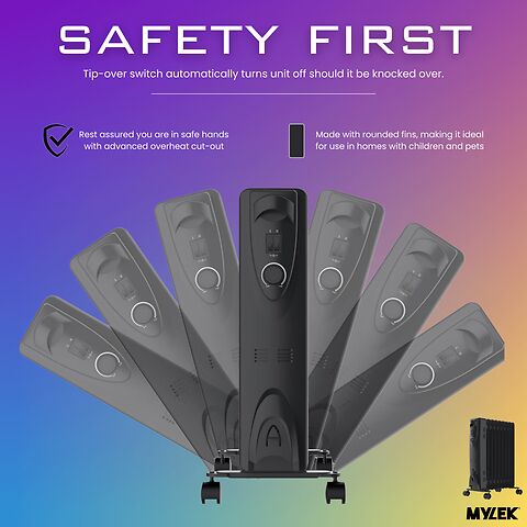 MYLEK Oil Filled Heater Radiator Thermostat 3 Heat Settings and Timer Charcoal Grey