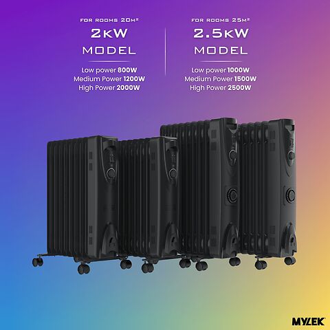 MYLEK Oil Filled Heater Radiator Thermostat 3 Heat Settings and Timer Charcoal Grey