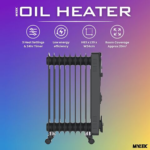MYLEK Oil Filled Heater Radiator Thermostat 3 Heat Settings and Timer Charcoal Grey