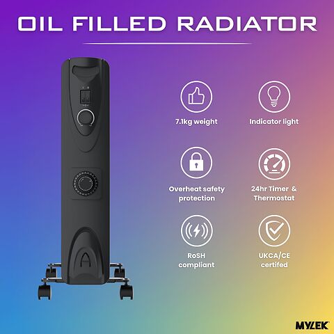 MYLEK Oil Filled Heater Radiator Thermostat 3 Heat Settings and Timer Charcoal Grey