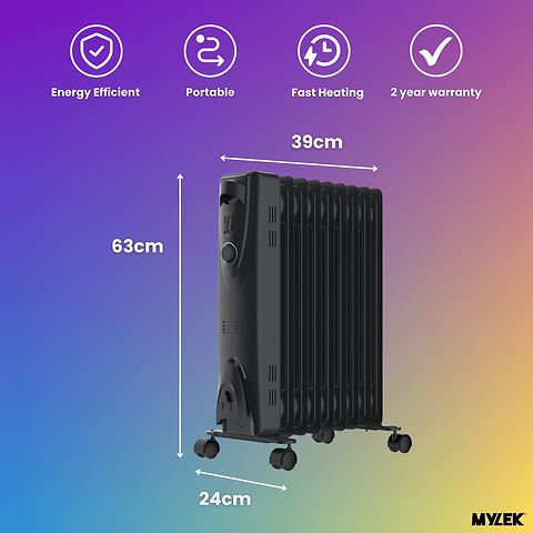 MYLEK Oil Filled Heater Radiator Thermostat 3 Heat Settings and Timer Charcoal Grey