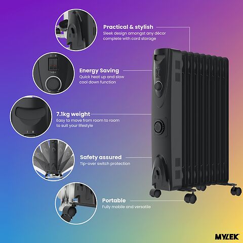 MYLEK Oil Filled Heater Radiator Thermostat 3 Heat Settings and Timer Charcoal Grey
