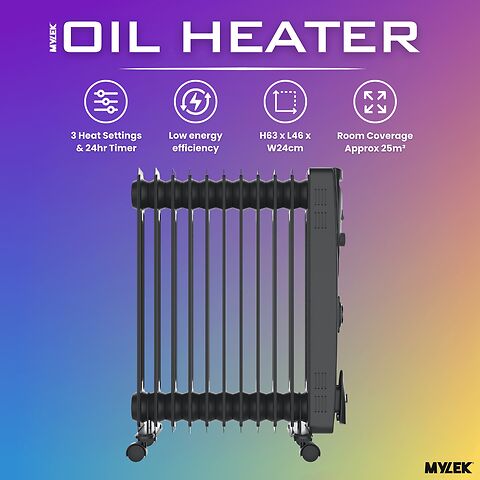 MYLEK Oil Filled Heater Radiator Thermostat 3 Heat Settings and Timer Charcoal Grey