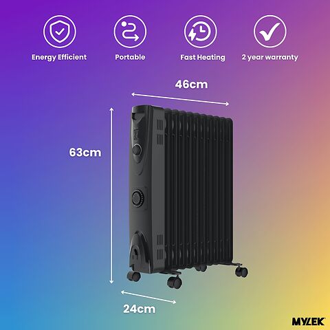 MYLEK Oil Filled Heater Radiator Thermostat 3 Heat Settings and Timer Charcoal Grey