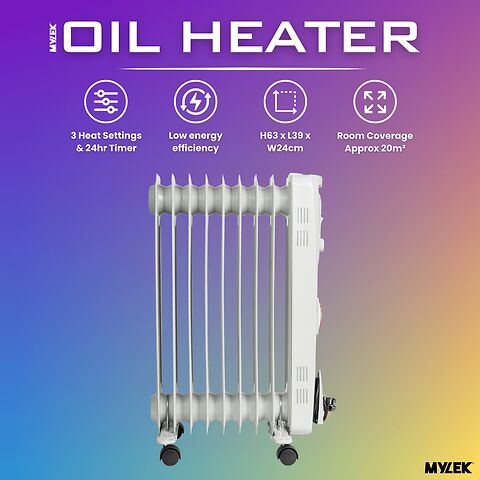 Mylek Oil Filled Electric Portable Heater Radiator with Adjustable Thermostat 2000w With Timer