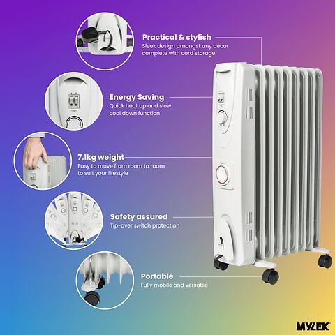 Mylek Oil Filled Electric Portable Heater Radiator with Adjustable Thermostat 2500w With Timer