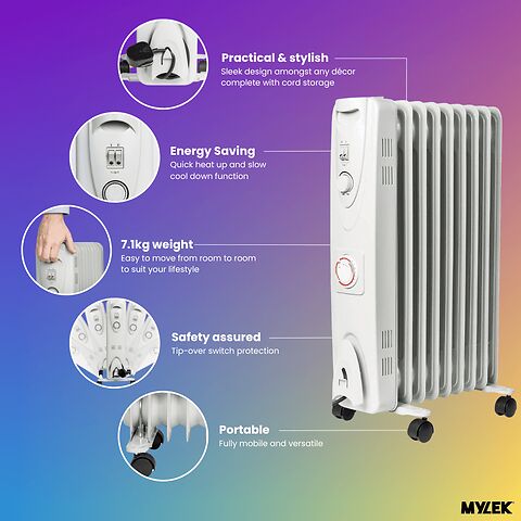 Mylek Oil Filled Electric Portable Heater Radiator with Adjustable Thermostat 2000w With Timer
