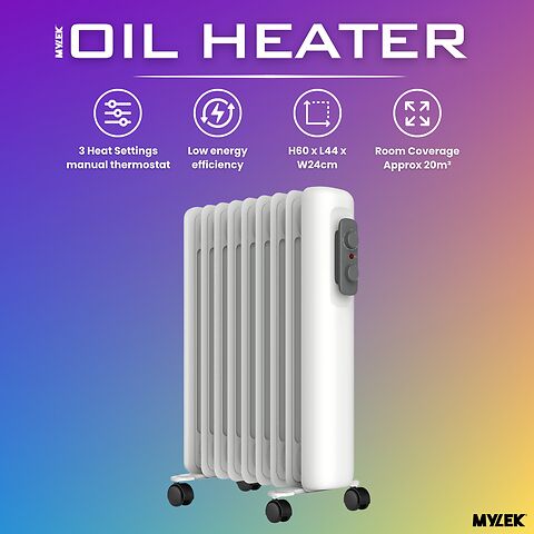Mylek Oil Filled Radiator Electric Heater Portable With Adjustable Thermostat - White