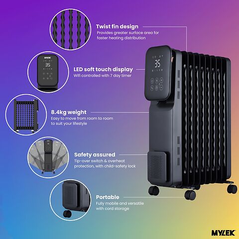 MYLEK Oil Filled Digital WiFi Smart App Enabled Heater - 3 Heat Settings & 24-Hour Timer