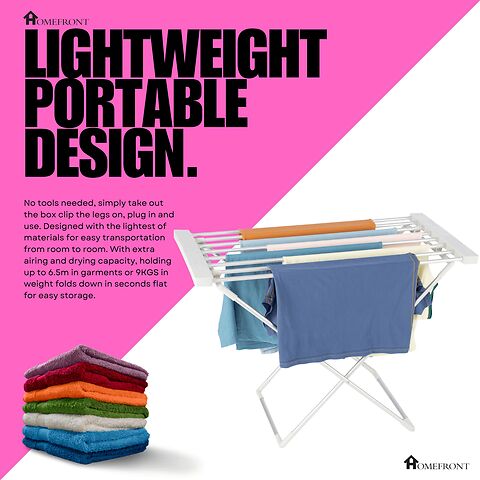 Homefront Electric Heated Clothes Horse Rail Airer Dryer 130W - Indoor Portable Free Standing - Energy Efficient, Low Energy