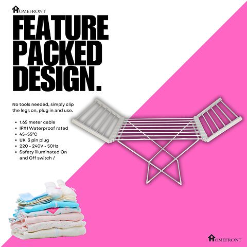 Homefront Electric Heated Clothes Horse Rail Airer Dryer 220W - Indoor Portable Free Standing - Energy Efficient, Low Energy