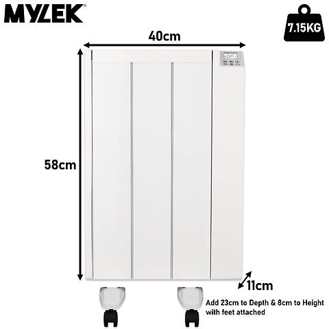 MYLEK Electric Radiator Panel Heater Ceramic White Eco Bathroom Safe Wall Mounted Or Free Standing With Timer Thermostat