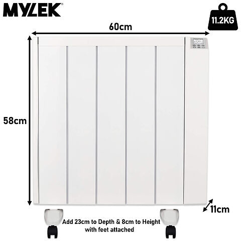 MYLEK Electric Radiator Panel Heater Ceramic White Eco Bathroom Safe Wall Mounted Or Free Standing With Timer Thermostat