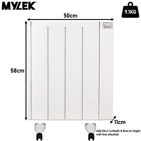 MYLEK Electric Radiator Panel Heater Ceramic White Eco Bathroom Safe Wall Mounted Or Free Standing With Timer Thermostat