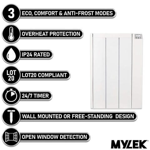 MYLEK Electric Radiator Panel Heater Ceramic White Eco 2000W Bathroom Safe Wall Mounted Or Free Standing With Timer Thermostat