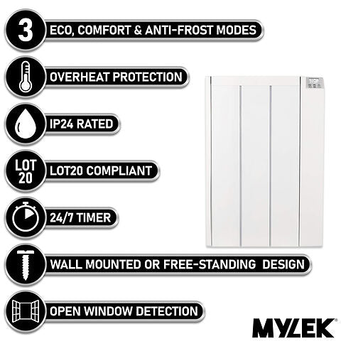 MYLEK Electric Radiator Panel Heater Ceramic White Eco Bathroom Safe Wall Mounted Or Free Standing With Timer Thermostat