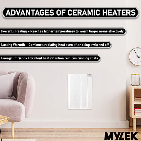 MYLEK Electric Radiator Panel Heater Ceramic White Eco 2000W Bathroom Safe Wall Mounted Or Free Standing With Timer Thermostat