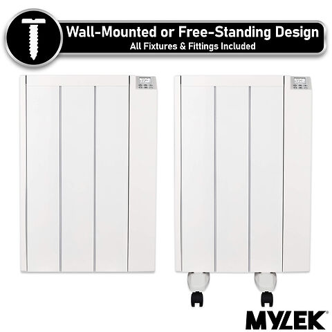 MYLEK Electric Radiator Panel Heater Ceramic White Eco Bathroom Safe Wall Mounted Or Free Standing With Timer Thermostat