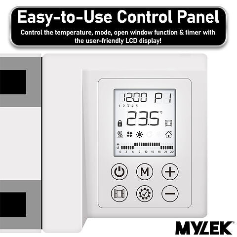 MYLEK Electric Radiator Panel Heater Ceramic White Eco Bathroom Safe Wall Mounted Or Free Standing With Timer Thermostat
