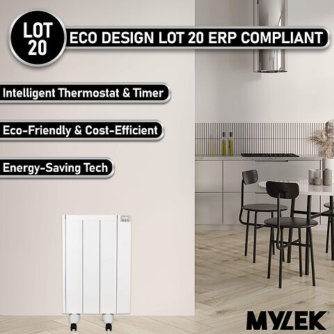 MYLEK Electric Radiator Panel Heater Ceramic White Eco Bathroom Safe Wall Mounted Or Free Standing With Timer Thermostat