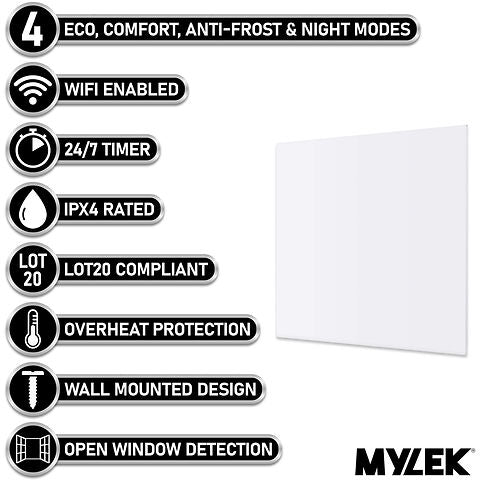 MYLEK Panel Space Heater White Eco, Smart And WiFi App Slimline Low Energy - Wall Mounted, Bathroom IPX4