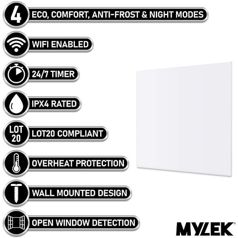 MYLEK Panel Space Heater White 2KW Eco, Smart and WiFi App Slimline Low Energy - Wall Mounted, Bathroom IPX4