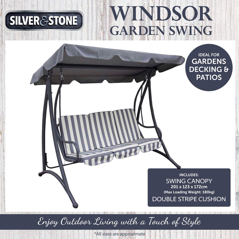 Silver & Stone Windsor Premium Outdoor Padded Garden Swing Bench - 201 x 123 x 172cm