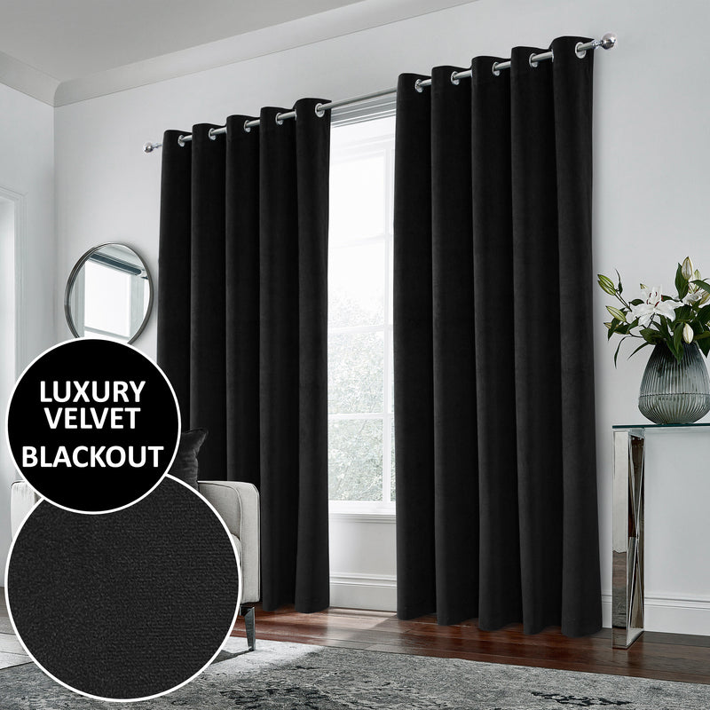 Luxury Enhanced Living Black Velvet, Supersoft, 100% out, Thermal Pair of Curtains with Eyelet Top