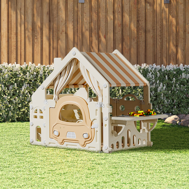 Kidkid Plastic Playhouse with Built-in Storage Rack and Building Block Table