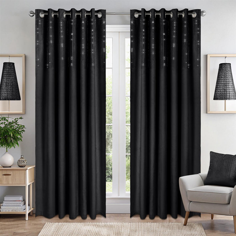 Triple Woven Blackout Velvet Ring Top Curtains with Cascading Diamante Studs Black