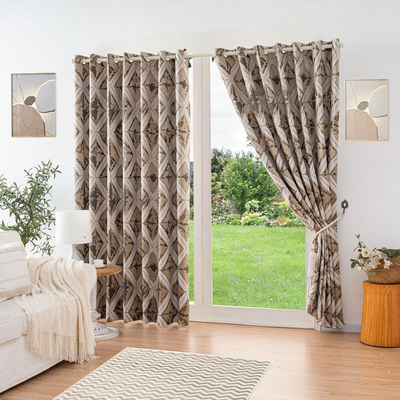 Luxury Diamond Jacquard Fully Lined Ring Top Curtains with Metallic Thread Cream/Gold