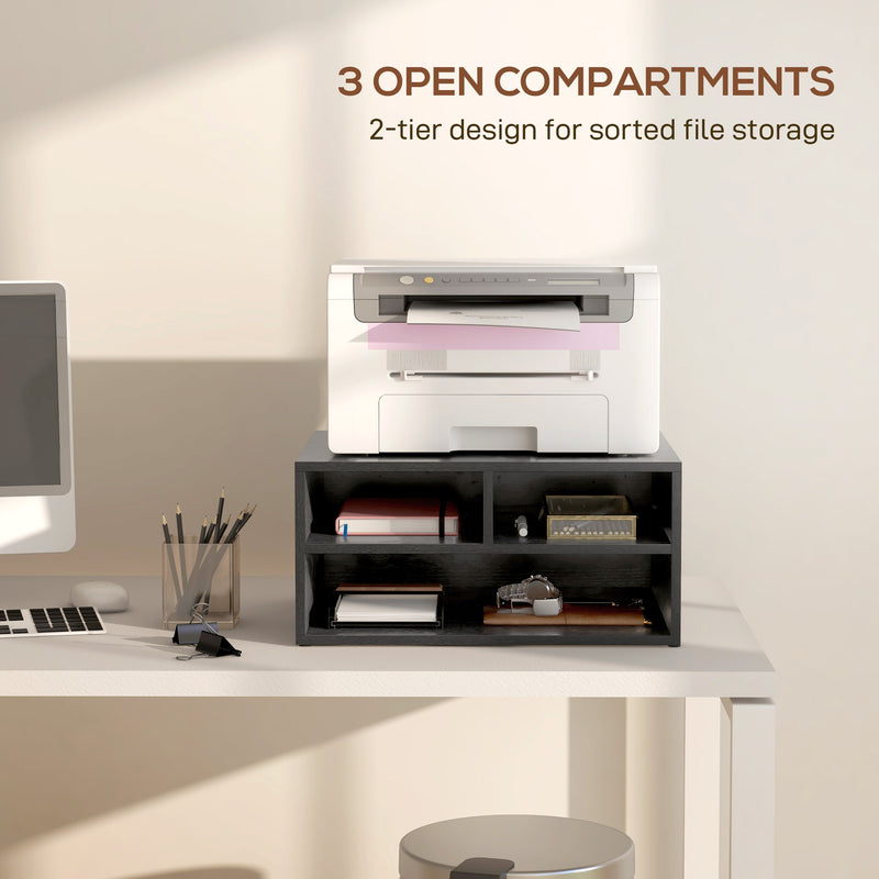 HOMCOM Desktop Printer Stand with 3 Open Compartments, Desk Organiser, Black