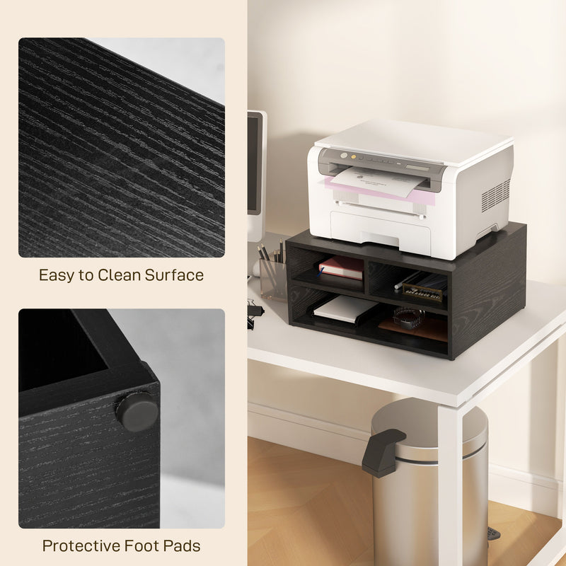 HOMCOM Desktop Printer Stand with 3 Open Compartments, Desk Organiser, Black