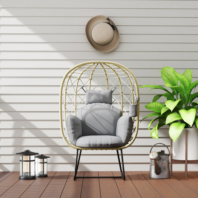 Outsunny Rattan Garden Egg Chair With Thickened Cushion, Headrest, Grey