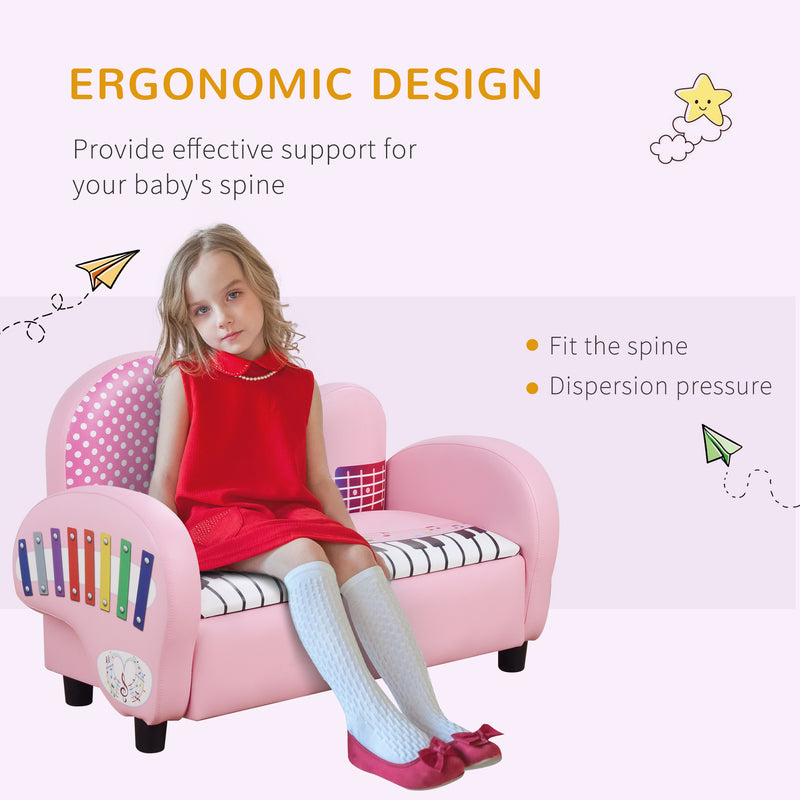 HOMCOM Kids PVC 2-Seater Musical-Theme Sofa Piano Shape Multi-Functional 2 Seats Couch Storage Box Soft Sturdy Pink