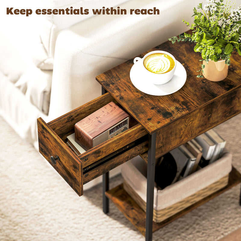 HOMCOM Industrial Slim End Table Nightstand for Small Spaces Rustic Brown