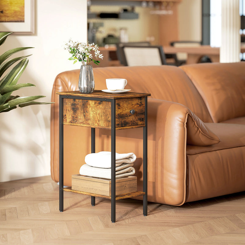 HOMCOM Industrial Slim End Table Nightstand for Small Spaces Rustic Brown