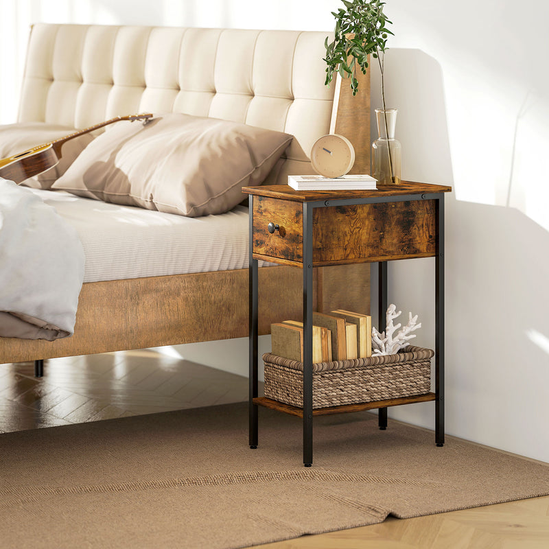 HOMCOM Industrial Slim End Table Nightstand for Small Spaces Rustic Brown
