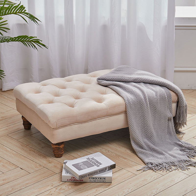 Livingandhome Beige Velvet Ottoman with Gourd Wooden Legs