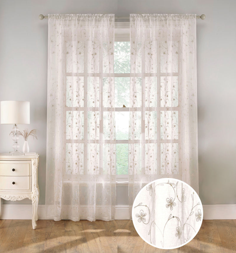 Pair of Belle Cream Sheer Floral Embroidery Voile Panels with Rod Pocket Header