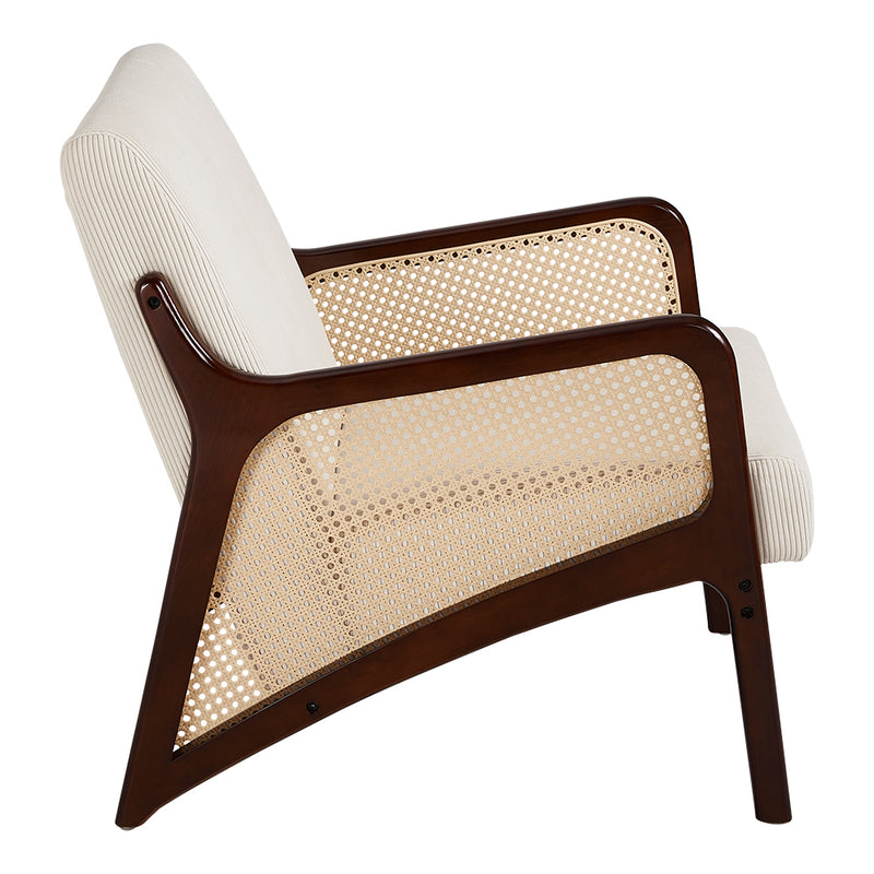 Livingandhome Corduroy Armchair with Rattan Armrest