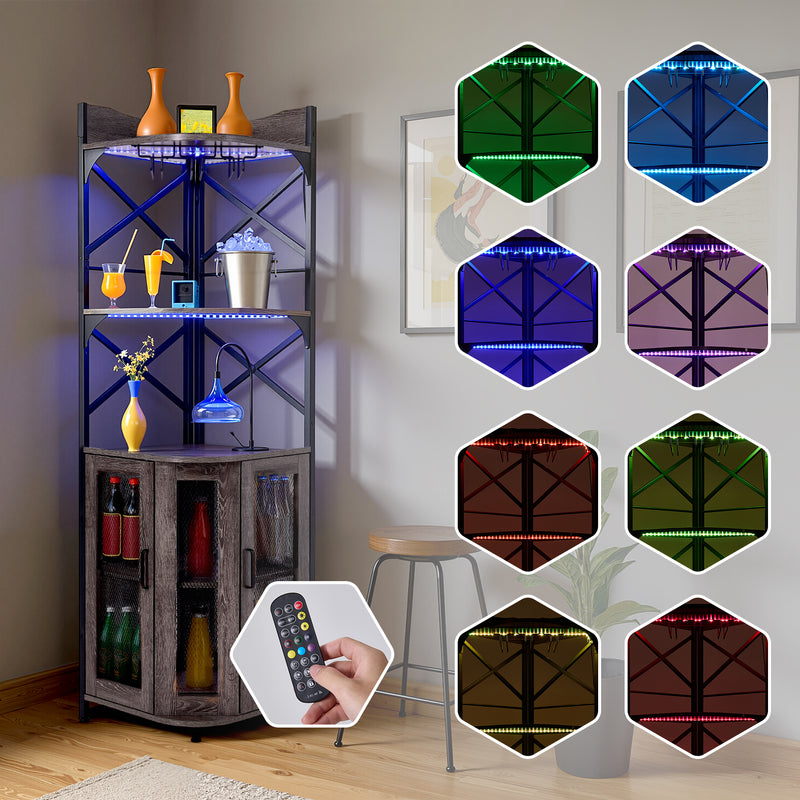 Livingandhome 5-Tier Corner Bar Cabinet with Built-in Power Outlet and LED Lights