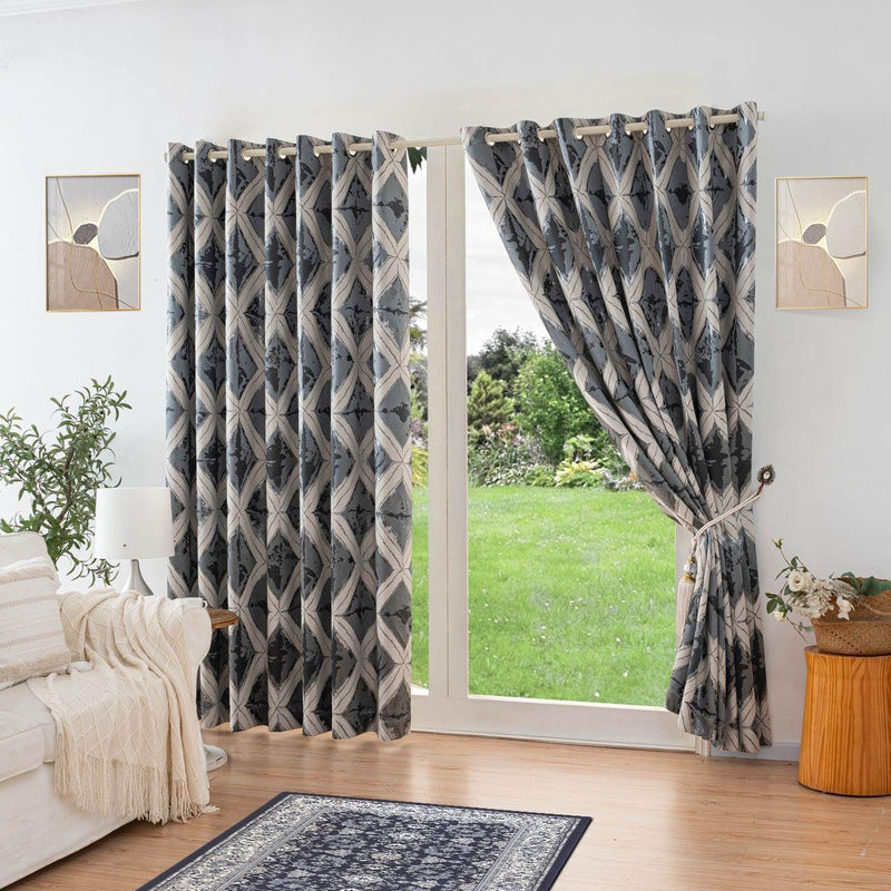 Luxury Diamond Jacquard Fully Lined Ring Top Curtains with Metallic Thread Charcoal/Silver