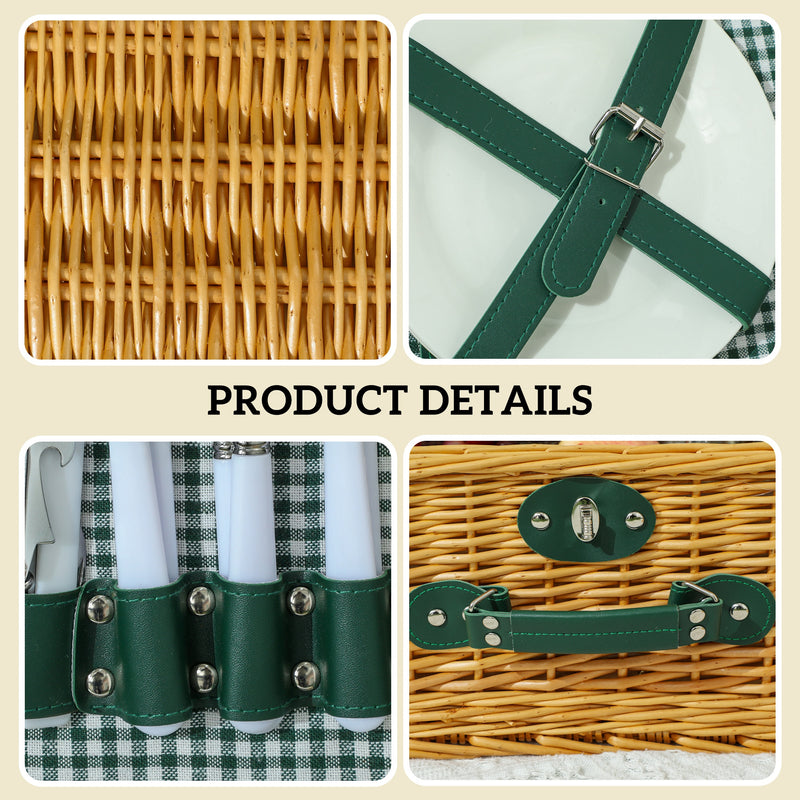 Outsunny Wicker Picnic Basket for 2 w/ Insulated Cooler Bag, Light Brown