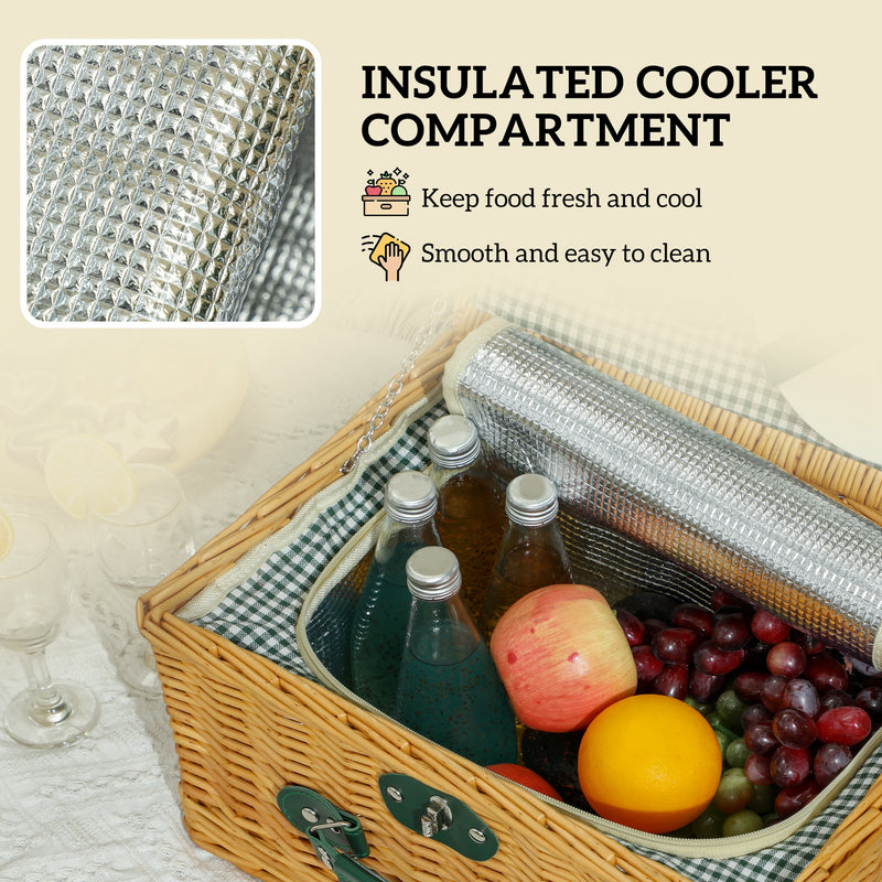 Outsunny Wicker Picnic Basket for 2 w/ Insulated Cooler Bag, Light Brown